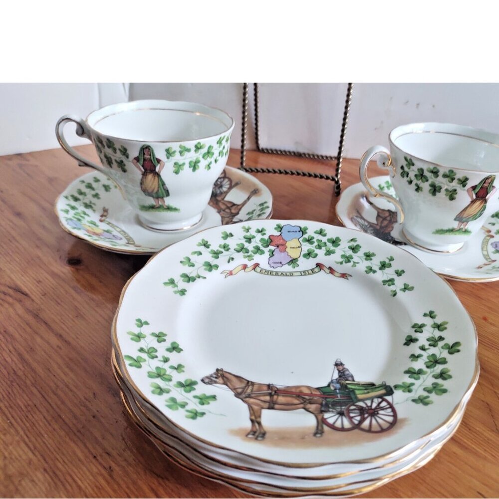 Rare Royal Standard Emerald Isle Two Cups & Saucers & Four Bread Plates 6.5"
